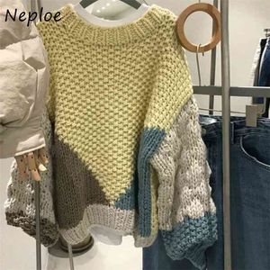 O-pescoço Panelete Twist Patchwork Pullovers Outono Inverno Solto Sleeers Sleeers Slow Sleeve Mulheres Casaco 1H665 210422