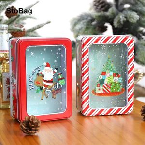 Stobag Year Presente Embalagem de Caixa de Lata Feliz Natal Snowmen Santa Claus com Clear Janela Evento Doces Candy Cookies Favores 211216