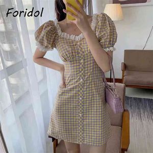 Foridol Lace Spliced Vintage Plaid Summer Dress Women Casual Button Up Beach Short Dress Yellow Korean Style Dress 210415