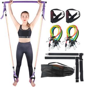 100LB Justerbara Pilates Bar Set med 5 Resistens Bands Portable Gym Stick För Full Body Workout Crossfit Yoga Home Ftiness H1026