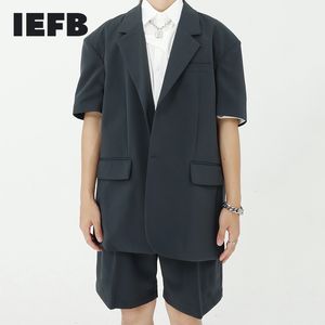 IEFBメンズ夏のインススーツシルエット半袖ブレザー+緩い幅広いLet Straight Knee Length Pants 2個セット9Y5992 210524