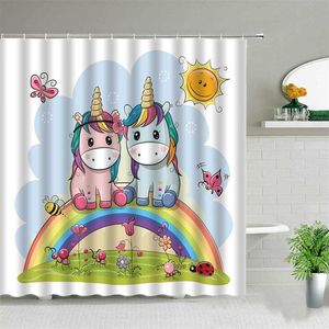 Härlig unicorn dusch gardiner badrum dekor tecknad regnbåge fjäril barn baby bad gardin vattentät polyester tyg 211116