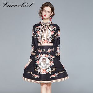 Fashion Designer Luxury Crown Flower Print Vinatge Dresses Women Celebrity Long Sleeve Bow Belt Slim Lapel Elegnat Party Dress 210416