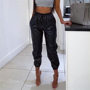 Mulheres Pu Calças De Couro Moda Lady Lady Elastic Cintura Lápis Outono Cordão Sweatpants Bolsos Cool Calças GV109 210915