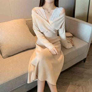 Knitted Dress Women V Neck Knit es for Lace Parchwork Sweater Long Plus Size Woman High Waist Sweaters es 210427