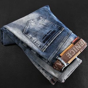 Europejska American Street Moda Mężczyźni Jeans Retro Light Blue Elastyczna Szczupła Zgrywanie Haftu Designer Casual Denim Spodnie