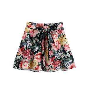 Женщины Chic Fashion Floral Print Bow Bated Sashes Mini юбка Винтаж высокой талии задняя молния женские юбки Mujer 210521