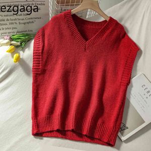 EZGAGA Rahat Kolsuz Kadın Yelek Sonbahar Yeni V Yaka Gevşek Kırmızı Vintage Tüm Maç Örme Kadın Kazak Yelek Moda Tankı Tops 210430