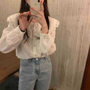 Белый Свободный сладкий Питер Pan Goly Ground Elegance Office Lady Blouse Женщины Шикарные Рубашки Кружева Нежные Женские Топы 210525