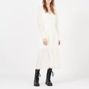 2021秋秋長袖Vネックホワイトドレス花柄刺繍ボタンシングルブレスト女性ファッションミッドカーフドレスG127026