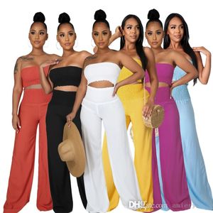 Casual Two Piece Suit Women Sexy High Waist Wide Leg Pants Fashion One Shoulder Bra Clothing For Summer And Autumn 2021