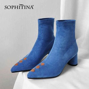 Sophitina Женский носок Bootie замшевые кожаные ботильоны на лодыжки заостренный носок круглый каблук мода осенние туфли синие женские туфли PO727 210513