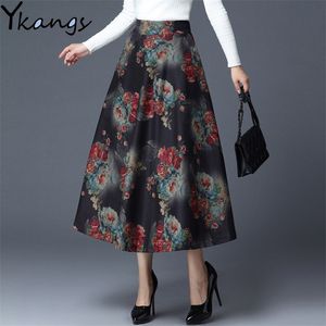 Vintage Winter Skirt Female Plus Size Plaid Flower Print Women'S Maxi High Waist Warm Wool Elegant Office Lady 210421