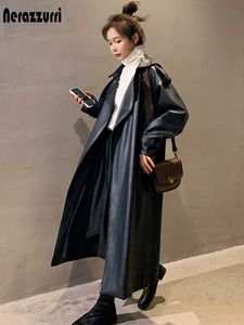 Nerazzurri Spring Black Oversized Long Waterproof Leather Trench Coat for Women Long Sleeve Loose Korean Fashion Clothing 210909