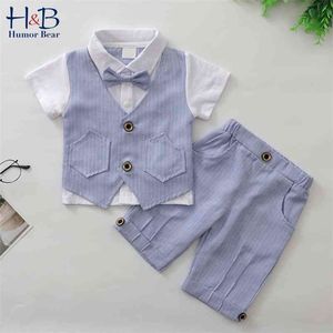 Yaz erkek giyim setleri beyefendi gömlek kısa kollu + şort + yay elbise erkek moda toddler bebek çocuk giysileri 210611