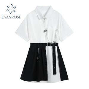 Vintage Gothic Dress Women White Short Sleeve High Waist Fake Two Pieces Goth Punk Streetwear Harajuku Dress Female Mujer 210417