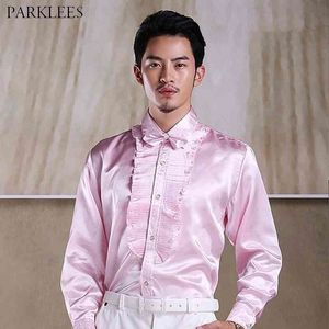 Różowa klatka piersiowa Wzburzyć Vintage Satin Koszula Mężczyźni Slim Fit Długim Rękawem Koszulka Homme Party Wedding Scena Odzież Camisa Hombre 210522