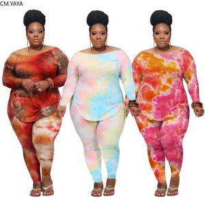 CM.yaya Plus Size XL-4XL Tie Dye Drukuj Zestaw damski Z Długim Rękawem Tee Topy Spodnie ołówkowe Dres Dwuczęściowy Zestaw Fitness Outfit 210727