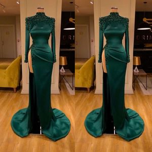 사냥꾼 녹색 아랍어 이브닝 드레스 인어 2022 럭셔리 크리스탈 진주 높은 목 긴 소매 페르시 댄스 파티 드레스