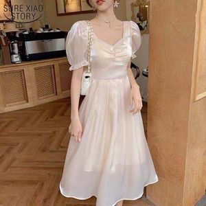 Süße Puffärmel O-Ausschnitt Partykleid Französisch Sommer Chiffon Frauen A-Linie Solide Prinzessin Lange Vestidos 14186 210508