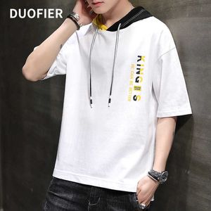 Summer Men Tshirt Casual Tops Tee Shirts Patchwork Loose Hooded Male Streewear Hoodie Half Sleeve T-shirt Pullover Clothing 210603