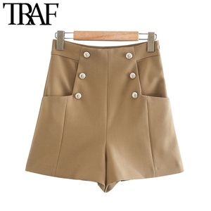 Traf kvinnor chic mode med knappar fickor Bermuda shorts vintage hög midja sidospelare kvinnlig kort ropa mujer 210415