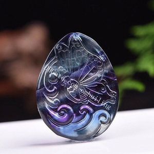 46 * 35 * 6mm snidad naturlig regnbåge fluoritfjäril vattendroppe hängsmycken pärlor kristall charms hantverk leveranser för DIY smycken gör crafting findings tillbehör