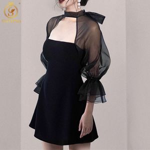 Moda High-end Vintage Elegante Mesh Patchwork Dress Stand Collar Casual Casual Vestidos 210520