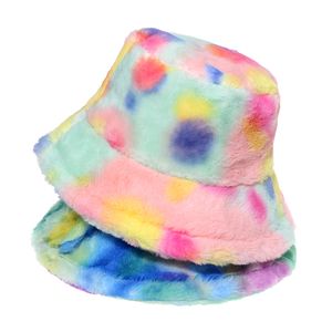 Casquette Warm Plush Fisherman Caps Lady Fluffy Rainbow Multicolor Tie Dye Faux Fur Winter Bucket Hat For Women