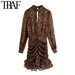 Женщины Chic Fashion Snake Print Rauffled Мини Платье Винтаж Высокая шея Эластичные талии Женские Платья Vestidos Mujer 210507