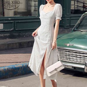 Estilo de férias francês branco bolinhas verão cintura alta split midi vestido longo moda quadrado vestidos de colar 13278 210417