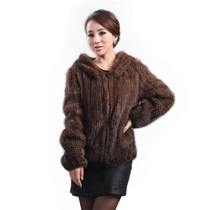 Mink Fur Coat damska z długim rękawem Top Fashion All-Mink Knit Kurtka Norek Dzianiny Futro 210816