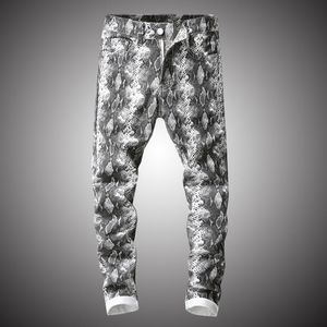 Fashion Streetwear Snakeskin Print Jeans Men Elastic Denim Pants Trousers Hip Hop Casual Pant White Slim Fit BP015 Men's