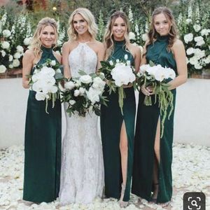 Zümrüt Yeşil Kolsuz Nedime Elbise Bir Çizgi Yüksek Boyun Yan Yarık İlkbahar Yaz Bahçe Düğün Misafir Hizmetçi Honor Kıyafeti Terzi Made Artı Boyutu Mevcut
