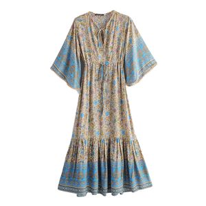 Jastie Frühling Sommer Kleid Frauen Lace Up V-ausschnitt Flare Hülse Boho Kleider Hippie Chic Print Langes Kleid Casual Strand Vestido 210419