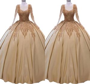 2022 Champagne Ball Gown Prom Klänningar med långa ärmar Sheer High Jewel Appliques Beaded Formal Dress Special Occasion Quinceanera Klänningar