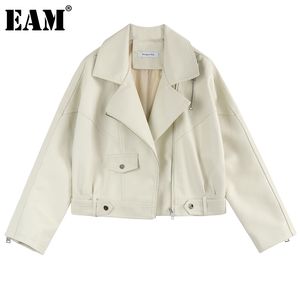 [Eam] Loose Fit Beige PU Läder Kort Casual Jacka Lapel Långärmad Kvinnor Coat Fashion Spring Höst 1DD7122 21512