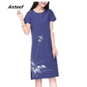 Хлопковое белье плюс размер винтажные цветочные женщины повседневные свободные MIDI летнее платье элегантные одежды женские платья для сарафана 210409