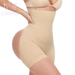 Lanfei Open Butt Majtki Lifter Bezszwowe Krótki chłopiec Krótki High Waist Trainer Shapewear Tummy Control Body Shaper z koronkowym wykończeniem