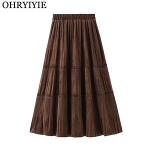 Ohryiyie cor sólida feminina vintage longa veludo plissado saia mulheres outono inverno elegante moda senhoras cintura alta uma saia de linha 210730