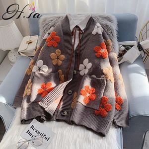 H.SA Women Fashion Floral Cardigans Knitted Cardigan Sweater Vintage Long Sleeve Female Outerwear Chic Lolita Tops 210417