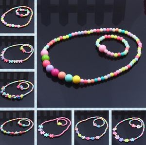 Kids Beaded Necklace Bracelet Jewelry Set Fashion Cute Pink White Pearl Pendant Accessories