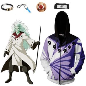 Dimensione asiatica Anime Naruto Purple Hokage Uchiha Madara Unisex Cosplay Costume Halloween Giacca Felpa con cappuccio Cappotto Uniforme Battaglia Set completo