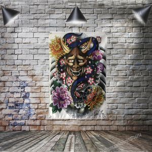 Fiore Teschio Tatuaggio giapponese Poster Bandiera Banner Decorazione domestica Bandiera appesa 4 Gromments negli angoli 3 * 5FT 96 * 144 cm Pittura Wall Art Print Poster