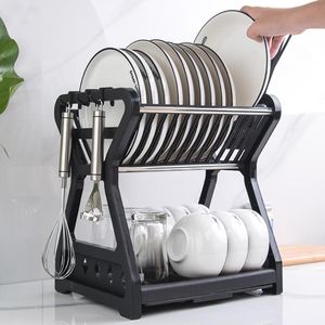 Hooks & Rails 2021 Double-layer Kitchen Dish Bowl Draining Storage Rack With Chopstick Cage Household Tableware Organizer Tray Box Basket