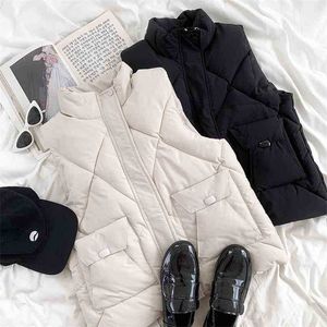 여성 민소매 자켓 가을 겨울 스탠드 칼라 짧은 조끼 코트 여자 지퍼 따뜻한 두꺼운 허리 양토 파크 210525