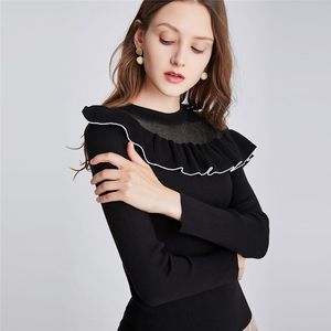 Zima Kobiety Sweter Koreański Dzianiny Ciepła tunika Z Długim Rękawem Czarny Sexy Pullover Casual Koronki Mesh Cashmere Jumper 210428