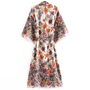 Вдохновленные женские лилии цветочные летучие мыши рукава платье кимоно халат плюс размер пляжный туника платье с V-образным вырезом хлопковое платье 210412
