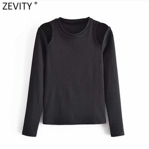 Zevity Women Basic O Neck Shoulder Hollow Out Design Svart Strikkad Casual Slim T-shirt Kvinna Chic Sommar Toppar T800 210603