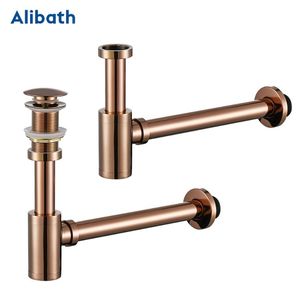 Övrigt bad toaletttillbehör Rose Gold Bottle Trap Round Siphon Solid Brass P-Trap Badrum Vanity Basin Pipe Avfall upp Avlopp med över F